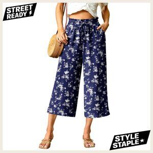 Wide Leg Capri Pants High Waisted Drawstring Flowy Palazzo Lounge Casual